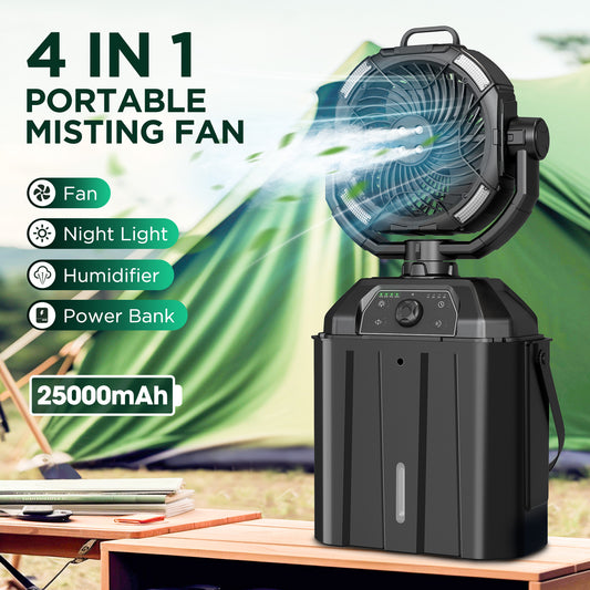Portable Misting Fan with 25000mAh Reverse Charging & Remote Control, Auto-Oscillating LED Outdoor Cooling Fan, Stepless Speed, Waterproof Design for Camping, Patio, Pets, Garden Use (Black)