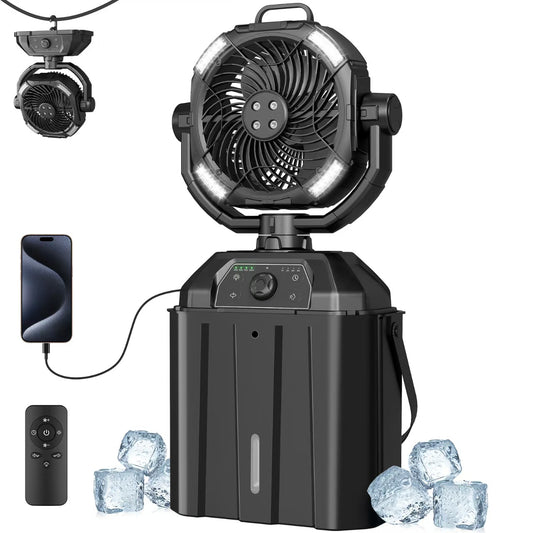 Portable Misting Fan with 25000mAh Reverse Charging & Remote Control, Auto-Oscillating LED Outdoor Cooling Fan, Stepless Speed, Waterproof Design for Camping, Patio, Pets, Garden Use (Black)