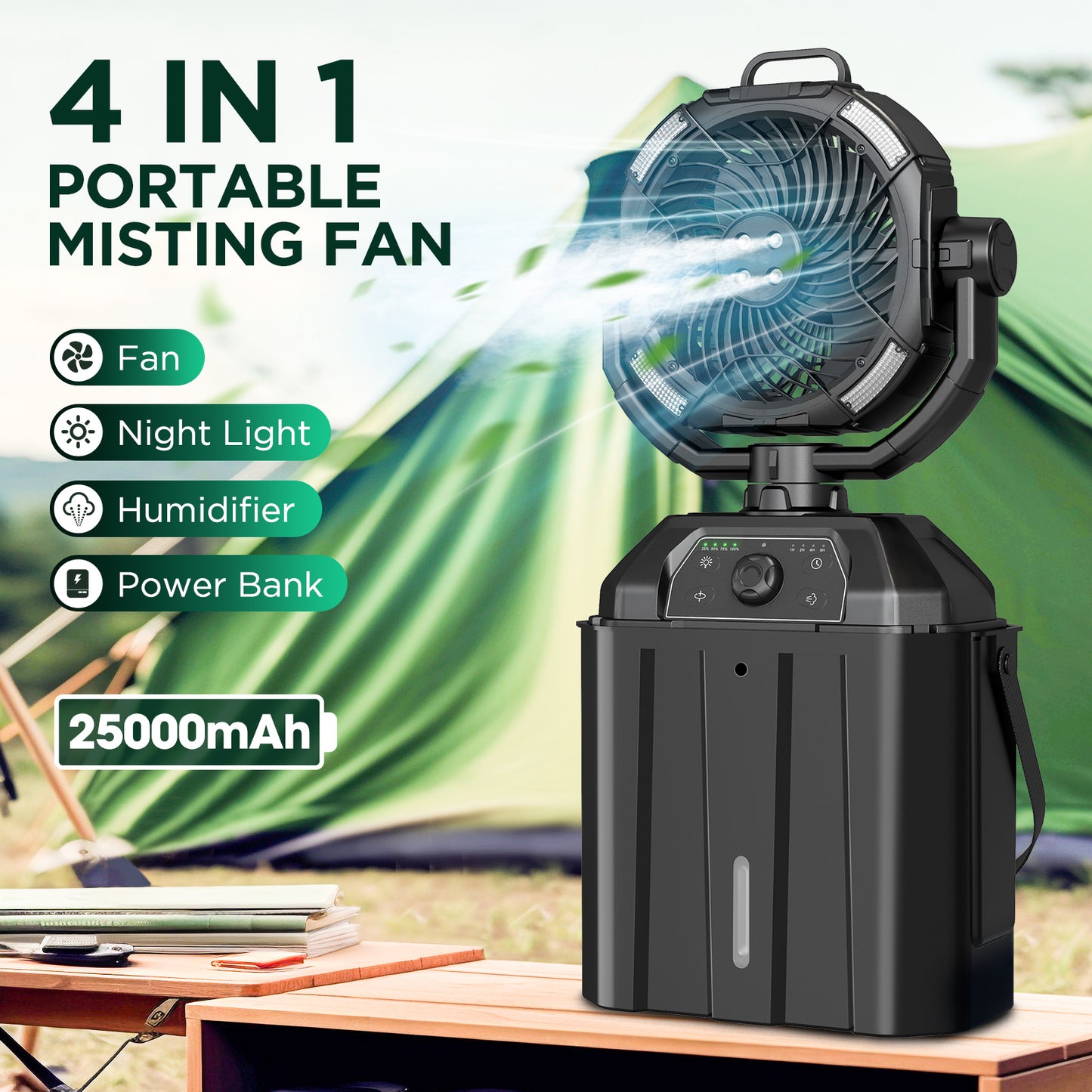 Portable Misting Fan with 25000mAh Reverse Charging & Remote Control, Auto-Oscillating LED Outdoor Cooling Fan, Stepless Speed, Waterproof Design for Camping, Patio, Pets, Garden Use (Black)