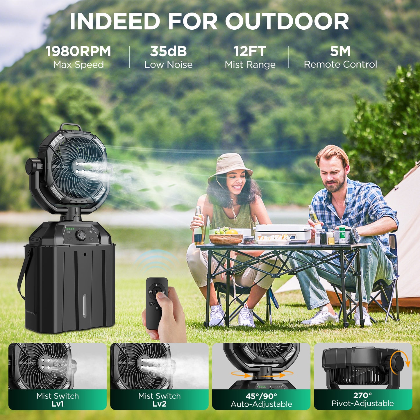 Portable Misting Fan with 25000mAh Reverse Charging & Remote Control, Auto-Oscillating LED Outdoor Cooling Fan, Stepless Speed, Waterproof Design for Camping, Patio, Pets, Garden Use (Black)
