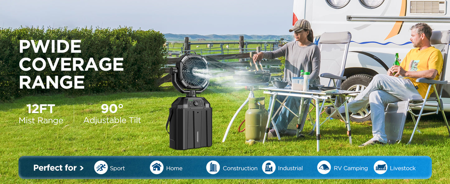 Portable Misting Fan with 25000mAh Reverse Charging & Remote Control, Auto-Oscillating LED Outdoor Cooling Fan, Stepless Speed, Waterproof Design for Camping, Patio, Pets, Garden Use (Black)