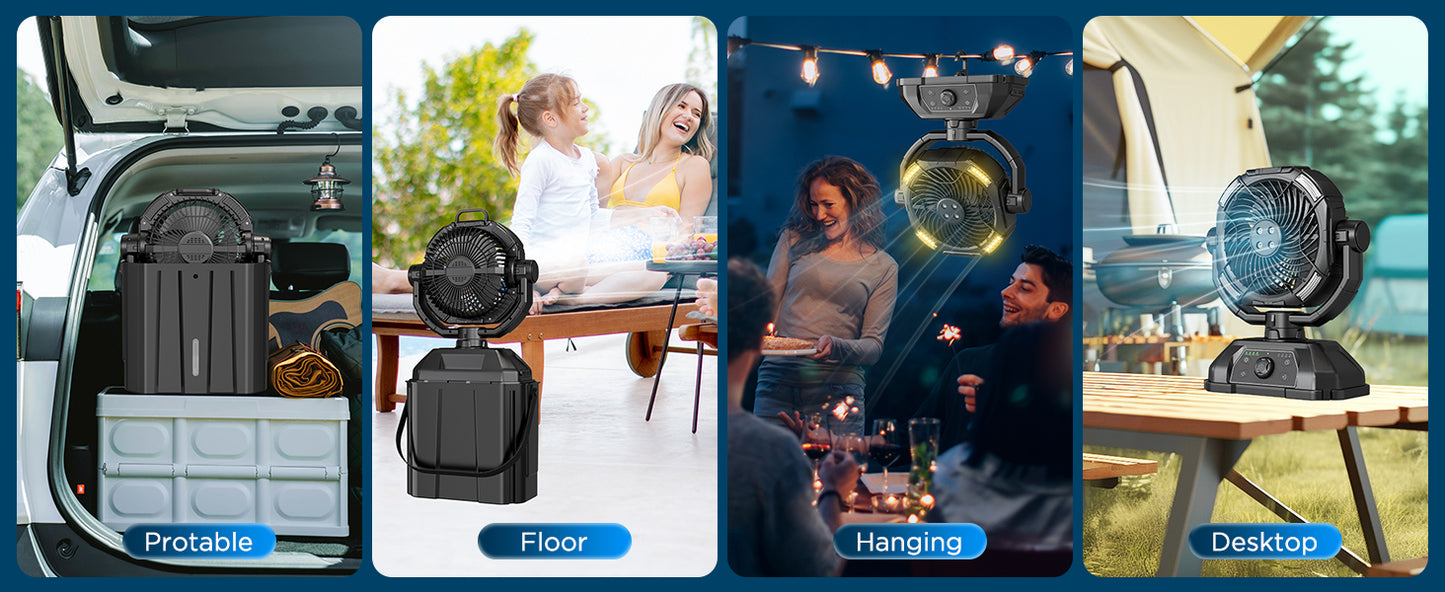 Portable Misting Fan with 25000mAh Reverse Charging & Remote Control, Auto-Oscillating LED Outdoor Cooling Fan, Stepless Speed, Waterproof Design for Camping, Patio, Pets, Garden Use (Black)