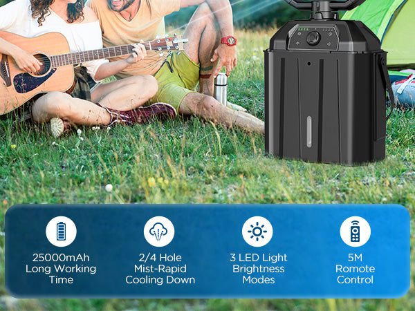 Portable Misting Fan with 25000mAh Reverse Charging & Remote Control, Auto-Oscillating LED Outdoor Cooling Fan, Stepless Speed, Waterproof Design for Camping, Patio, Pets, Garden Use (Black)